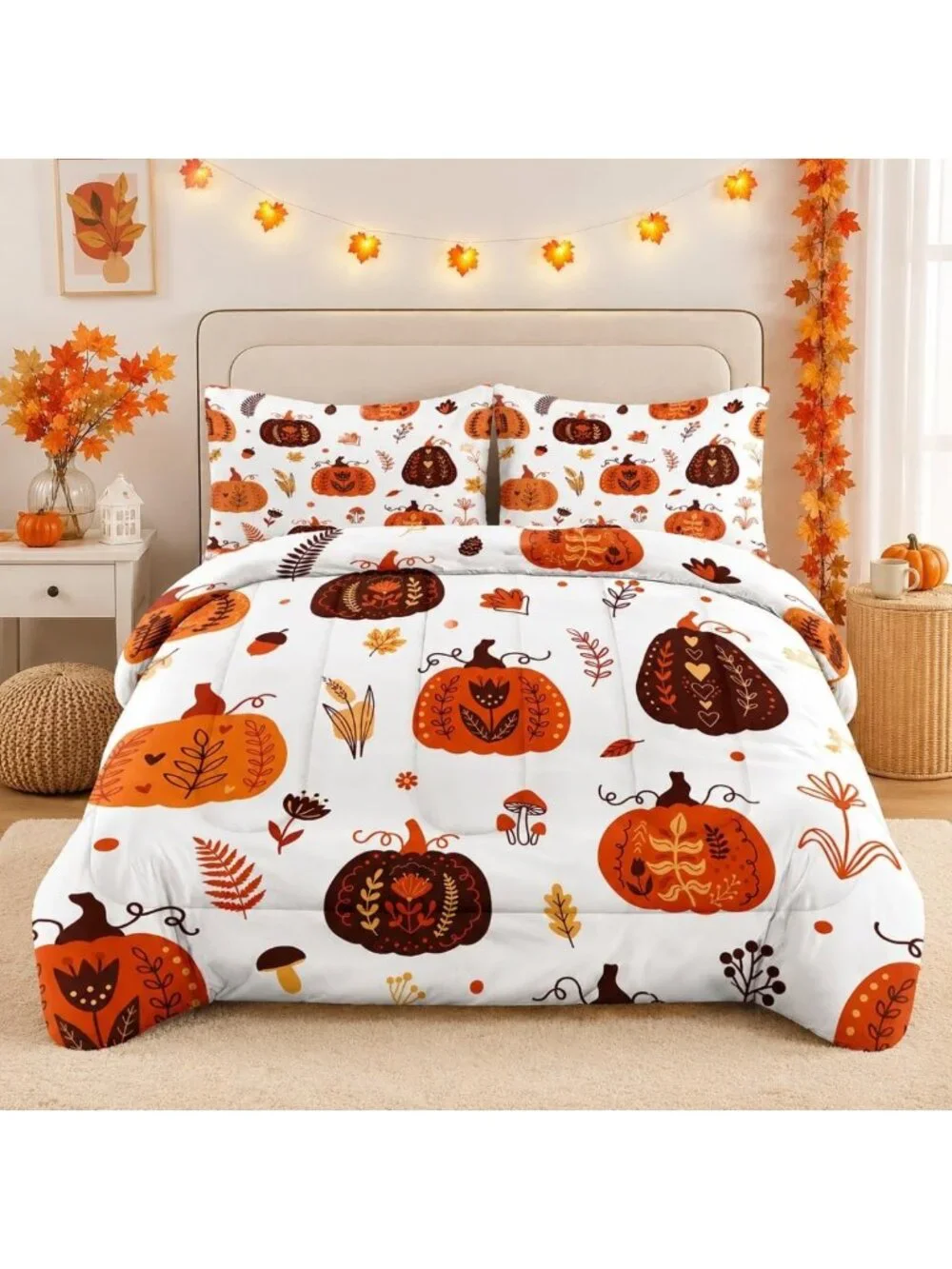 Cozy Autumn Pumpkins King Comforter Set - 3 Piece Fall Bedding Collection